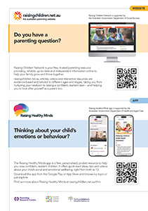 Reference image for A4 flyer promoting rasingchildren.net.au and the Raising Healthy Minds app