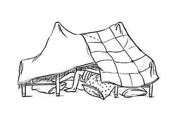 Drawing of children making cubby house from chairs and blankets