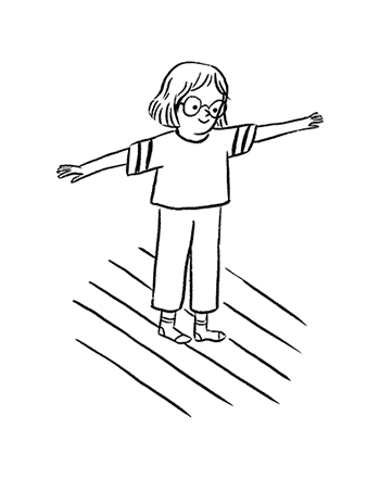 Drawing of a child walking around inside playing 'move with the room'  