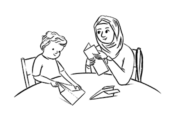 Drawing of child and parent making paper planes