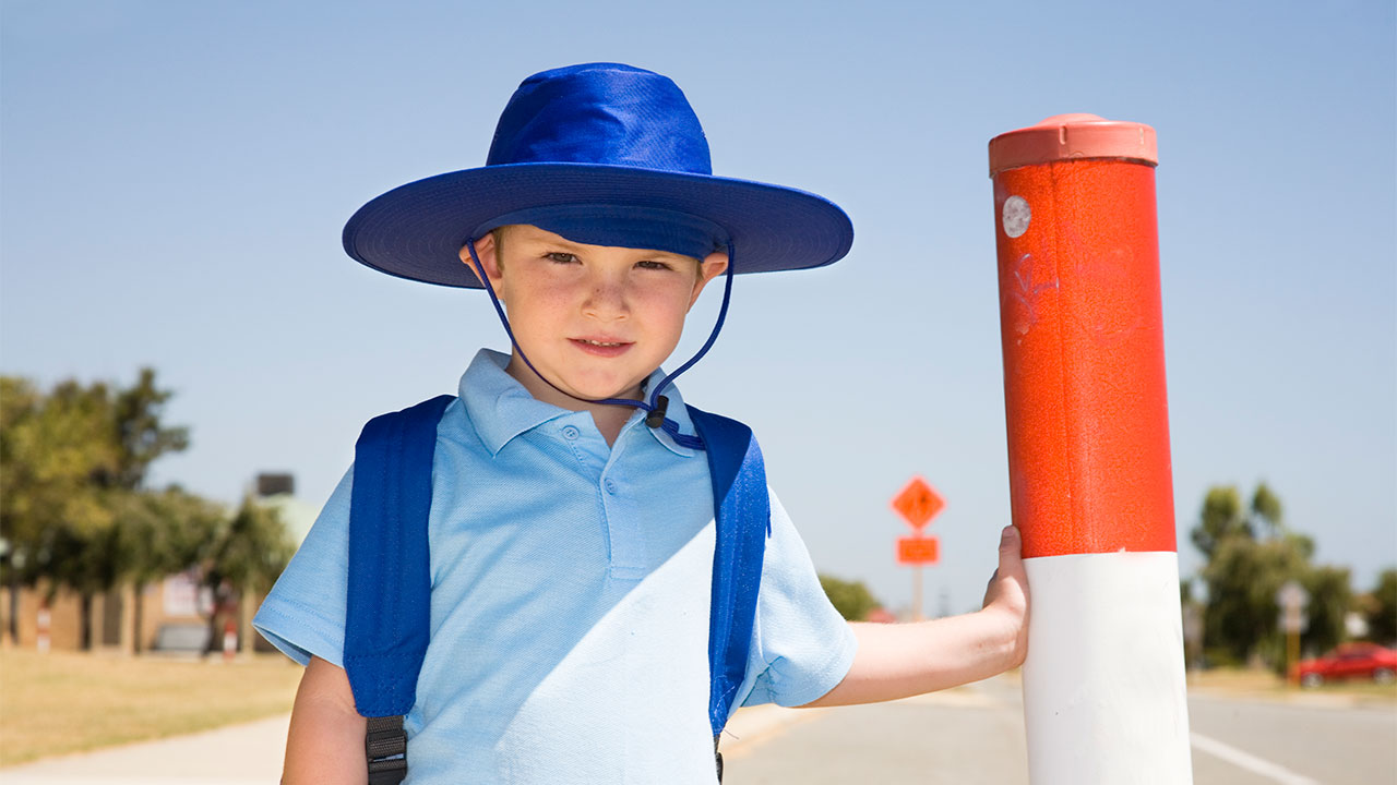 Pedestrian Safety And Car Driving Rules Boy Crossing The Street On