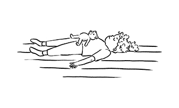 Drawing of a child lying on their back doing with teddy bear on their tummy doing breathing exercise