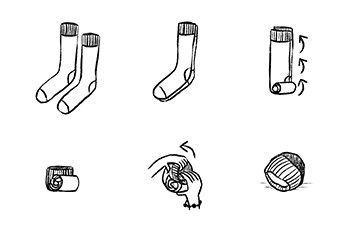 Drawing showing instructions for how to roll up socks into a ball