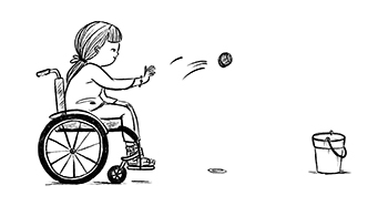 Drawing of a child in a wheelchair throwing sock balls into a bucket